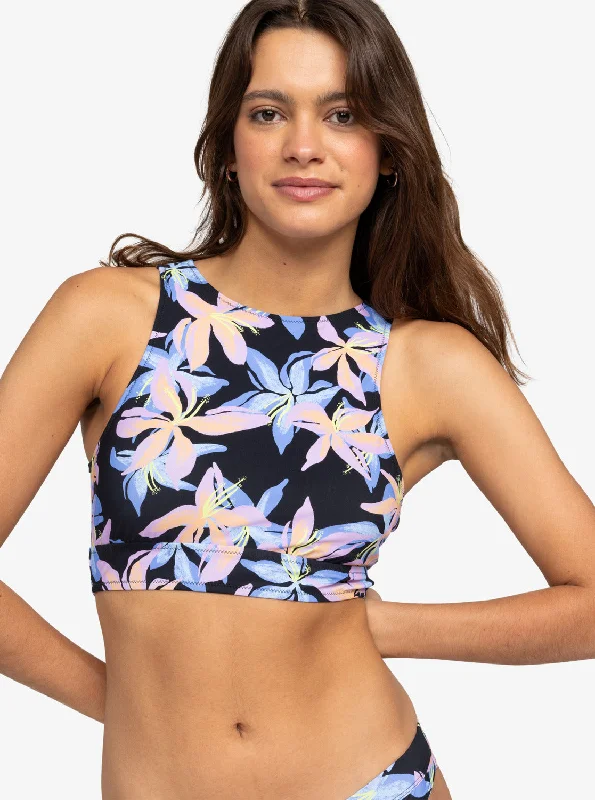 Roxy Active Printed Crop Top Bikini Top - Anthracite Kiss