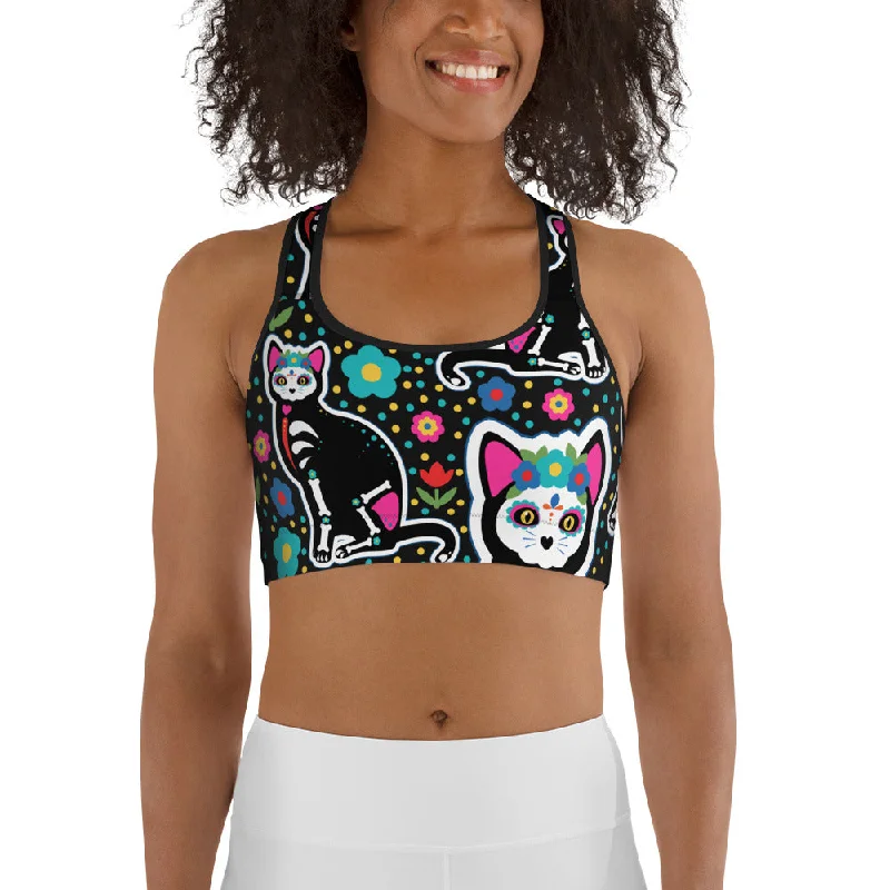 Day of the Dead Cat Print Sports Bra