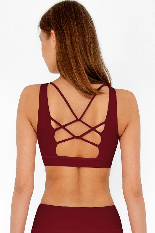 3 for $49! Maroon Red Kelly Strappy Open-Back Padded Sports Bra - Women