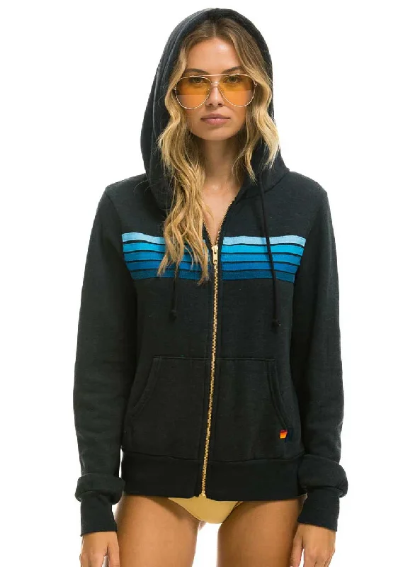 Aviator Nation Women's 5 Stripe Zip Hoodie - Charcoal Grey Blue